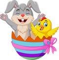 Cartoon rabbit and baby chick inside an Easter egg