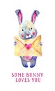 Cartoon rabbit with envelope. Title Some bunny loves you. Saint Valentines day design template Hand drawn watercolor Royalty Free Stock Photo