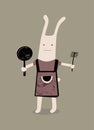 Cartoon rabbit with a frying pan and brush in hand. Vector illustration.