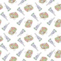 Cartoon rabbit and gift box, seamless christmas pattern for fabrics and bedding and easter wrapping. One continuous line