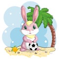 Cartoon rabbit, hare with a football ball. Cute childish character, symbol of 2023 new chinese year Royalty Free Stock Photo