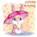 Cartoon rabbit, hare with an umbrella. Autumn, Cute childish character, symbol of 2023 Chinese New Year Royalty Free Stock Photo