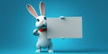 A cartoon rabbit holding a blank sign and pointing at it with a pointer in his hand, on a blue background with a spotlight behind