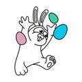 Cartoon rabbit juggles eggs. Contour design of an easter bunny. Symbol for web sites on a white background