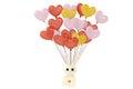 Cartoon rabbit with love letters, hanging on many heart balloon