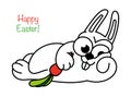 Cartoon rabbit is lying and eating a carrot. Contour design of an easter bunny. Symbol for web sites on a white background