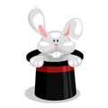 Cartoon rabbit in magician hat vector illustration. Magic trick show white bunny from cap