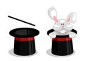 Cartoon rabbit in magician hat vector illustration. Magic trick show white bunny from cap