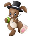 Cartoon rabbit magician wearing a hat with holding magic wand and egg