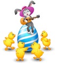Cartoon rabbit playing guitar on a large egg is decorated and surrounded by chicks