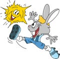 Cartoon rabbit playing soccer with sun shining above his head vector illustration