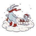 Cartoon rabbit pulling sledge with baby rabbit. Cute hand drawn illustration of family and winter activity with sledging, snowfall