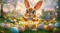 A cartoon rabbit is standing in a field of Easter eggs. The image is cheerful and playful, with the rabbit being the Royalty Free Stock Photo