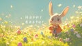 A cartoon rabbit is standing in a field of Easter eggs. The image is cheerful and playful, with the rabbit being the Royalty Free Stock Photo