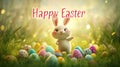 A cartoon rabbit is standing in a field of Easter eggs. The image is cheerful and playful, with the rabbit being the Royalty Free Stock Photo
