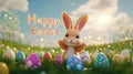 A cartoon rabbit is standing in a field of Easter eggs. The image is cheerful and playful, with the rabbit being the Royalty Free Stock Photo