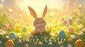 A cartoon rabbit is standing in a field of Easter eggs. The image is cheerful and playful, with the rabbit being the Royalty Free Stock Photo