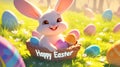 A cartoon rabbit is standing in a field of Easter eggs. The image is cheerful and playful, with the rabbit being the Royalty Free Stock Photo