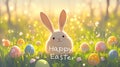 A cartoon rabbit is standing in a field of Easter eggs. The image is cheerful and playful, with the rabbit being the Royalty Free Stock Photo