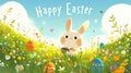 A cartoon rabbit is standing in a field of Easter eggs. The image is cheerful and playful, with the rabbit being the Royalty Free Stock Photo