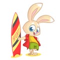 Cartoon rabbit surfer. Vector illustration of white bunny standing with Royalty Free Stock Photo
