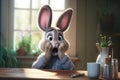 Cartoon rabbit surprised sitting at the table