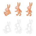 Cartoon rabbit in three poses.