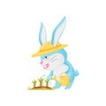 Cartoon rabbit watering garden carrots. Vector illustration.