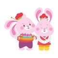 Cartoon rabbits couple with mooncakes