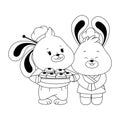 Cartoon rabbits couple with mooncakes