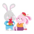 Cartoon Rabbits with lucky bags icon, flat design