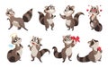 Cartoon raccoon. Adorable baby wild woodland animal with tail and paws standing in funny poses. Funny mascots give Royalty Free Stock Photo