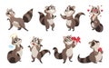 Cartoon raccoon. Adorable baby wild woodland animal with tail and paws standing in funny poses. Funny mascots give present and eat Royalty Free Stock Photo