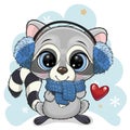 Cartoon Raccoon in blue fur headphones on a blue background