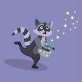 Cartoon Raccoon Catching Lights In A Jar, Cute Character Animal Raccoon