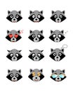 Cartoon raccoon emotions set. Smiling, bored, enamored, sleepy, sad, crying and other raccoon`s emotions collection.