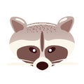Cartoon raccoon face in flat style on white background. Animal character sticker. Racoon head vector illustration