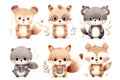 Cartoon raccoon forest animals art drawing set fox character zoo Royalty Free Stock Photo