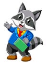 Cartoon raccoon in full suit and holding suit case