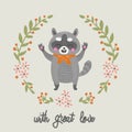 Cartoon raccoon with great love. Vector.