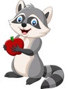 Cartoon raccoon holding a red apple