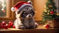 Cartoon raccoon character santa cute scenery house funny design cheerful celebration