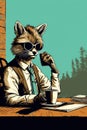 A cartoon raccoon wearing sunglasses and a tie sitting at his desk, AI