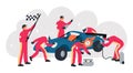 Cartoon racing car on pit stop. Mechanics team in auto servicing process. Tire pumping and wheel replacement. Automobile