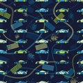 Cartoon racing cars with spots, prints of wheels and pedestrian zebras, seamless vector background