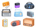 Cartoon radio receiver. Retro modern radios tuners with antenna for listening music or news channel on fm frequency