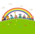 Cartoon railway train with jungle animals with rainbow