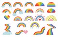 Cartoon rainbow. Child graphic multicolor symbol. Doodle arcs in sky and curve bands set. Color spectrum. Clouds with Royalty Free Stock Photo