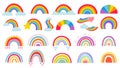 Cartoon rainbow. Colourful rainbows, heart and cloud with rainbow colors tail. Hand drawn color arc vector illustration