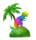 Cartoon rainbow t rex dinosaur on island land with palm tree. Funny card design. Watercolor character multicolor Royalty Free Stock Photo